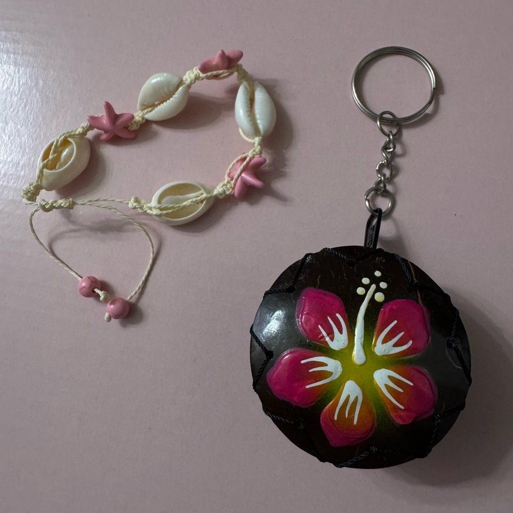 Hand-painted Coconut Shell Keychain with Pink Flower & Bracelet Set
